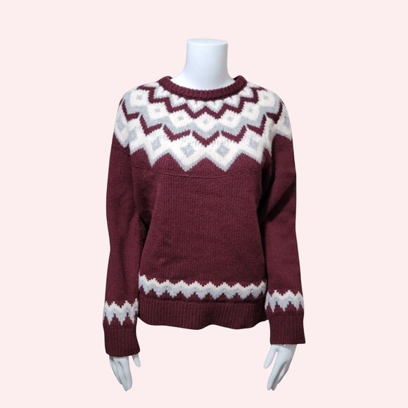 L.L. Bean Sweaters - L.L. Bean Fair Isle Sweater Womens M 100% Wool Burgundy Red Contemporary Cabin